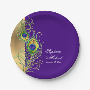 Modern Peacock Feathers Faux Jewel Scroll Weddings Paper Plate