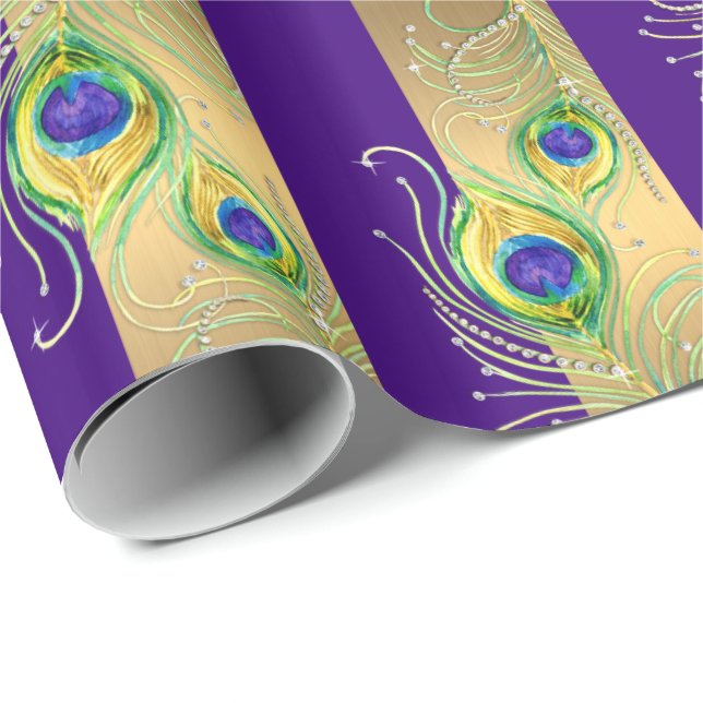 Modern Peacock Feathers Faux Jewel Striped Hearts Wrapping Paper (Roll Corner)