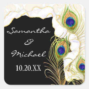 Modern Peacock Feathers Faux Ribbon Damask Swirl Square Sticker
