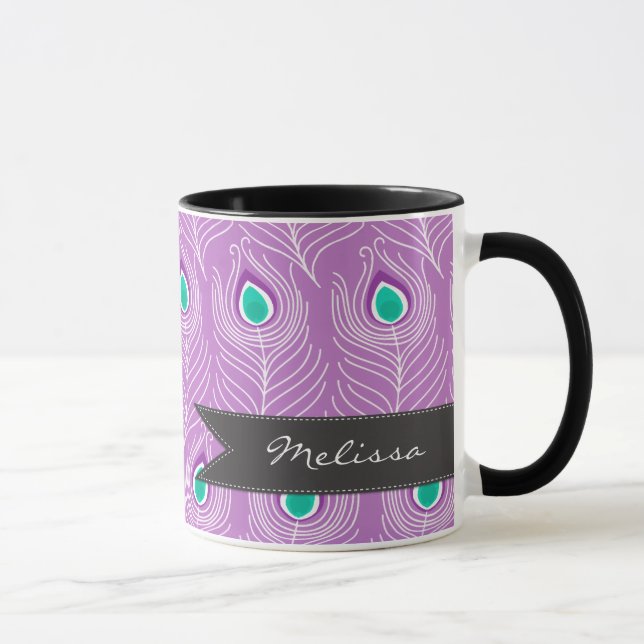 Modern Peacock Feathers Trendy and Personalised Mug (Right)