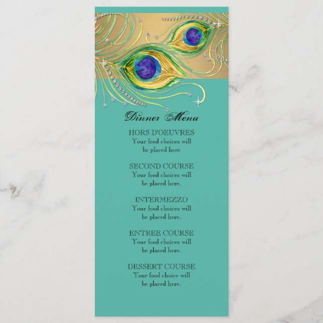 Modern Peacock Feathers Watercolor Gold Jewel Menu (Front)
