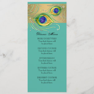 Modern Peacock Feathers Watercolor Gold Jewel Menu