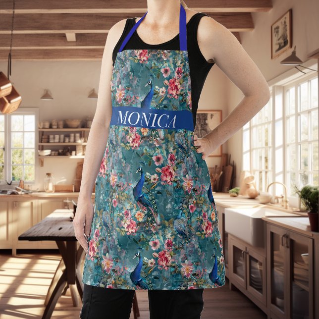 Modern Peacock Floral Blue Pattern monogram Apron (Creator Uploaded)