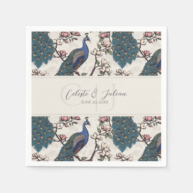 Modern Peacock Ivory Chinoiserie Napkin (Front)