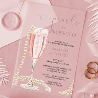 Modern Pearls & Prosecco Bridal Shower Acrylic Invitations