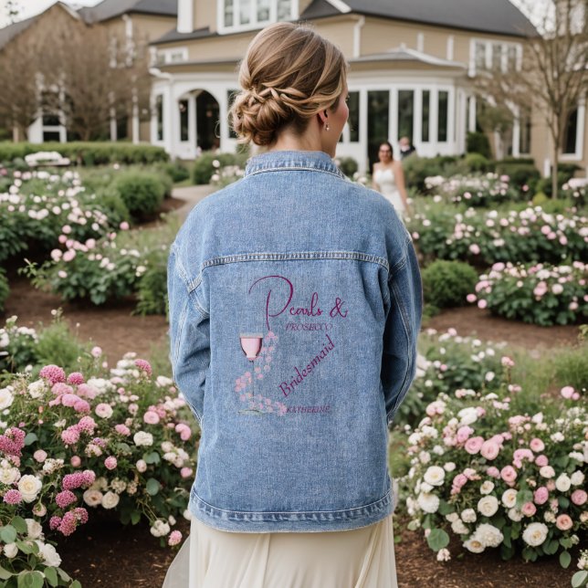 Modern Pearls & Prosecco Bridal Shower Bridesmaid Denim Jacket (Wedding Back)