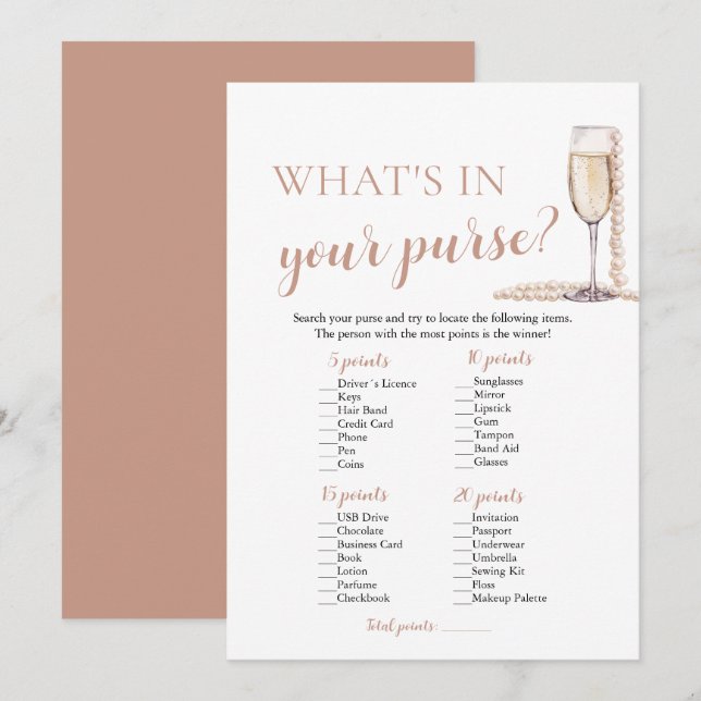 Modern Pearls & Prosecco What's In Your Purse Game Invitation (Front/Back)