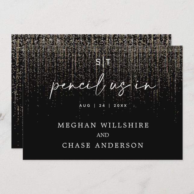 Modern Pencil Us In Edgy Champagne Glitter Invitation (Front/Back)
