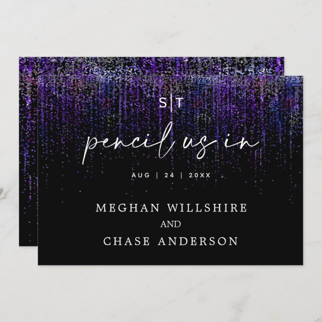Modern Pencil Us In Edgy Purple Glitter Invitation (Front/Back)