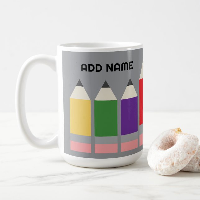 Modern Pencil with Teacher Name Coffee Mug (With Donut)