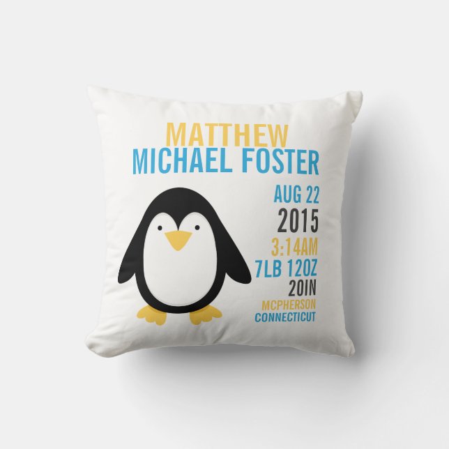 Modern Penguin Birth Announcement Nursery Pillow (Front)