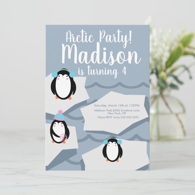 Modern Penguin Ice Winter Birthday Invitation (Standing Front)