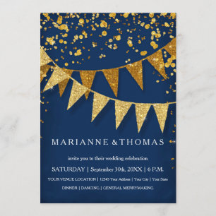 Modern Pennant Banner w Glitter Falling Confetti Invitation