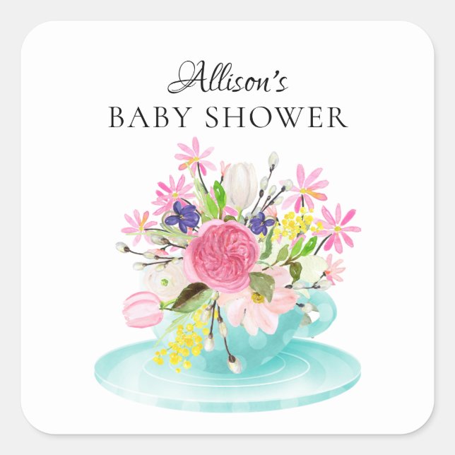 Modern Peony Floral Baby ShowerTea Square Sticker (Front)