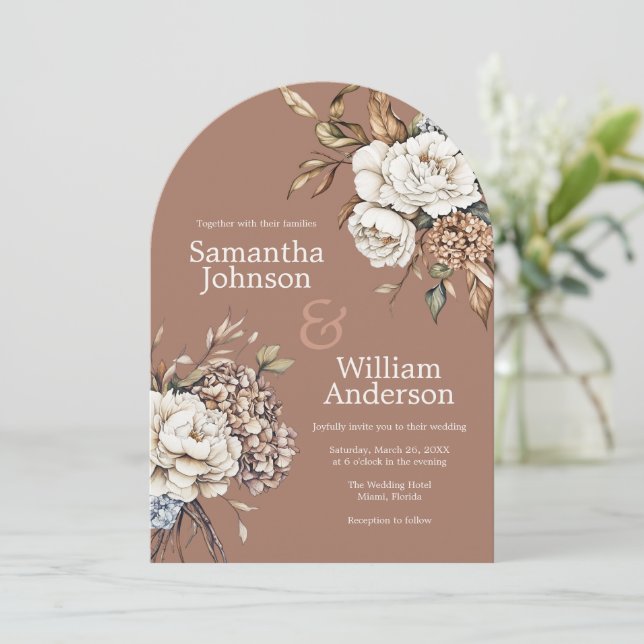 Modern Peony & Hydrangea Mocha Mousse Wedding Invitation (Standing Front)