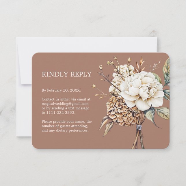 Modern Peony & Hydrangea Mocha Mousse Wedding RSVP Card (Front)