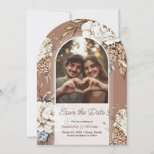 Modern Peony & Hydrangea Mocha Mousse Wedding Save The Date
