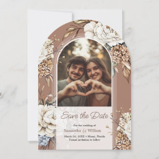 Modern Peony & Hydrangea Mocha Mousse Wedding Save The Date