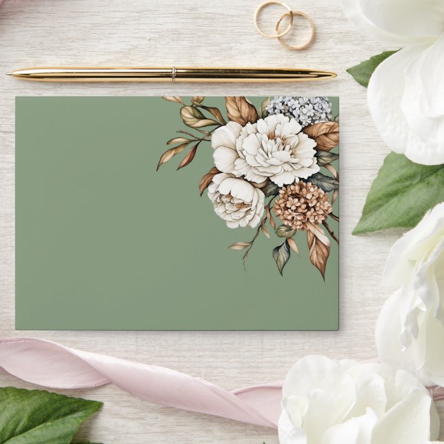 Modern Peony & Hydrangea Olive Green Wedding  Envelope (Wedding)