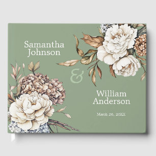 Modern Peony & Hydrangea Olive Green Wedding Guest Book