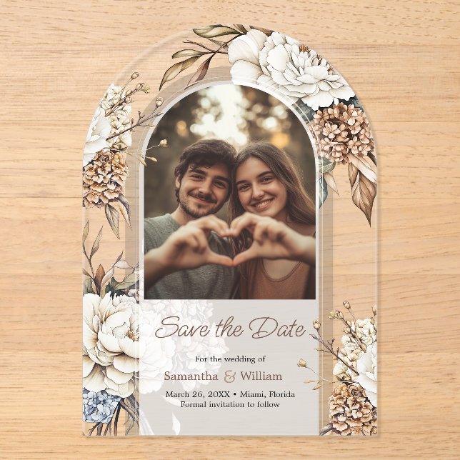 Modern Peony & Hydrangea Wedding Save The Date Acrylic Invitations (Front)