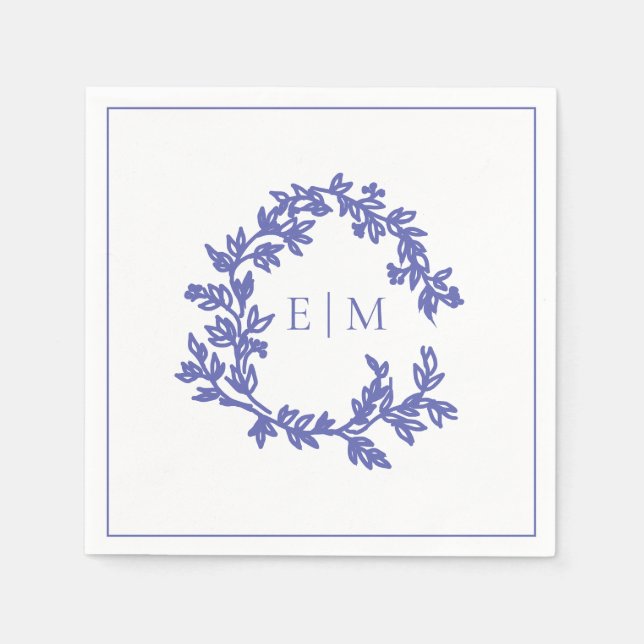 Modern Periwinkle Leafy Crest Monogram Wedding Napkin (Front)