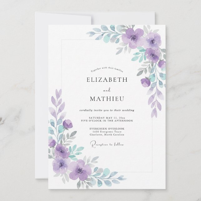 Modern Periwinkle Violet Leafy Wedding Invitation (Front)