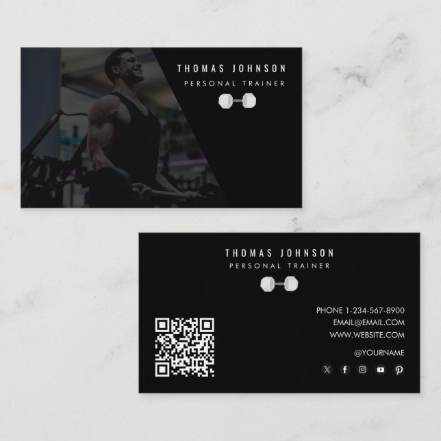 Modern Personal Trainer Bodybuilder Photo QR Code  Business Card (Front/Back)