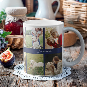 Modern Personalised 10 Photos Dog Navy Blue Coffee Mug