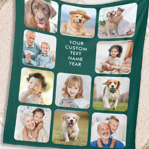 Modern Personalised 11 Photo Collage Emerald Green Fleece Blanket