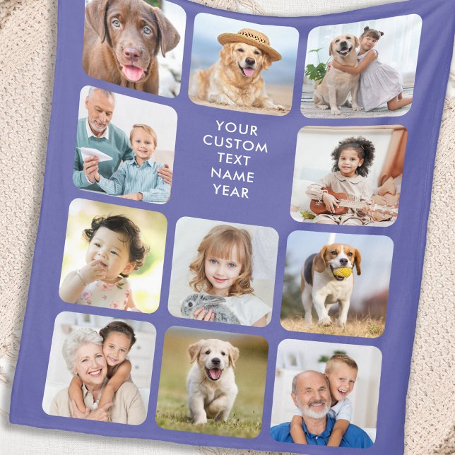 Modern Personalised 11 Photo Collage Periwinkle Fleece Blanket (Creator Uploaded)