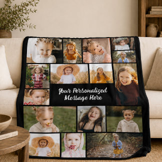 Modern Personalised 16 Photo Collage Custom Colour Fleece Blanket