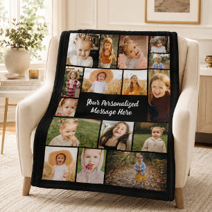 Modern Personalised 16 Photo Collage Custom Colour Fleece Blanket
