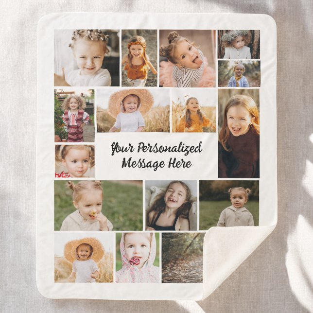Modern Personalised 16 Photo Collage Custom Colour Sherpa Blanket (Creator Uploaded)
