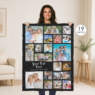 Modern Personalised 19 Photo Collage Black Fleece Blanket