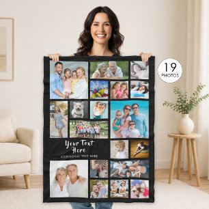 Modern Personalised 19 Photo Collage Black Fleece Blanket