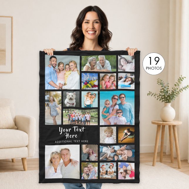Modern Personalised 19 Photo Collage Black Fleece Blanket (Creator Uploaded)