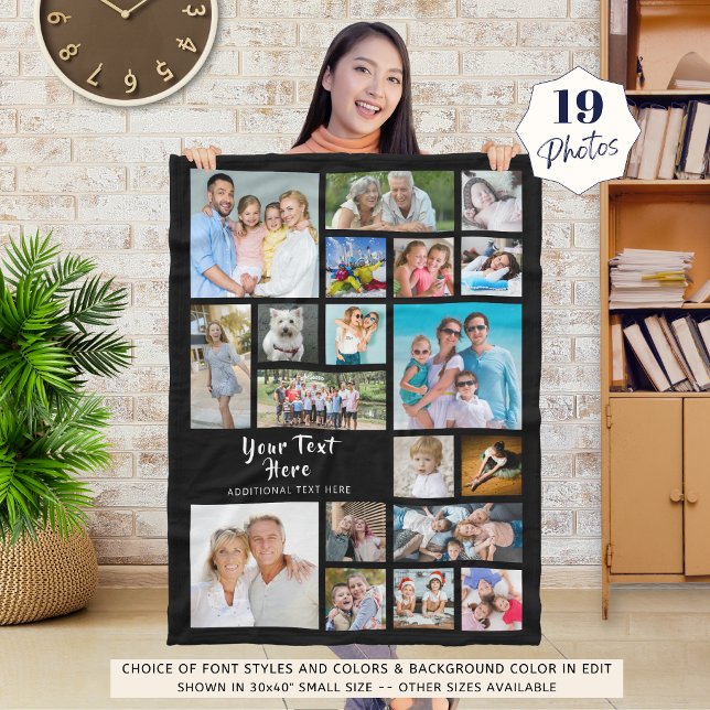Modern Personalised 19 Photo Collage Black Fleece Blanket (Creator Uploaded)