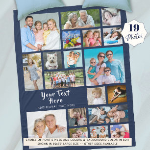 Modern Personalised 19 Photo Collage Navy Blue Fleece Blanket