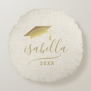 Modern Personalised 2024 Gold Grad Cap Keepsake Round Cushion