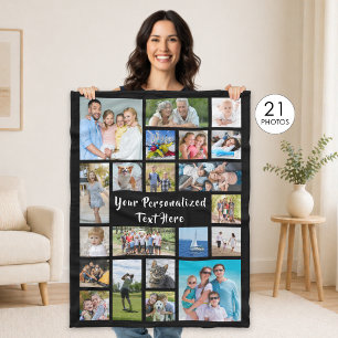 Modern Personalised 21 Photo Collage Custom Colour Fleece Blanket