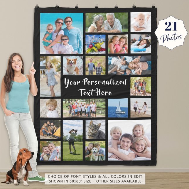 Modern Personalised 21 Photo Collage Your Colour Fleece Blanket (Creator Uploaded)