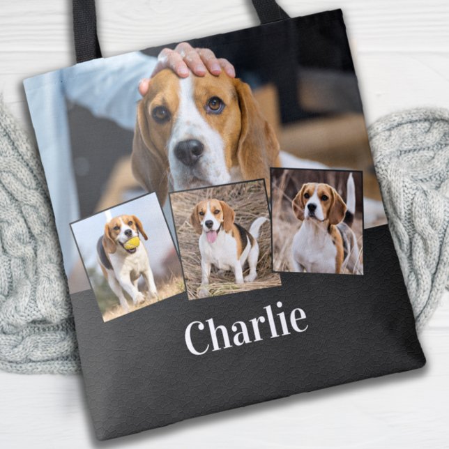 Modern Personalised 4 Pet Photo Name Dog Lover Tote Bag (Creator Uploaded)