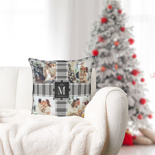 Modern Personalised 4 Photo Family Black Plaid Cushion