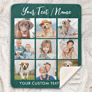 Modern Personalised 9 Photo Collage Emerald Green Sherpa Blanket