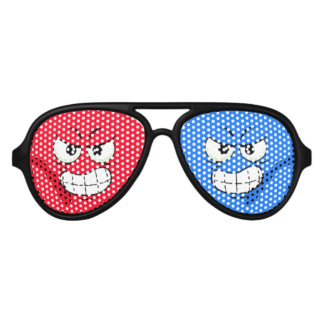 Modern Personalised Angry Face Red And Blue Aviator Sunglasses (Front)