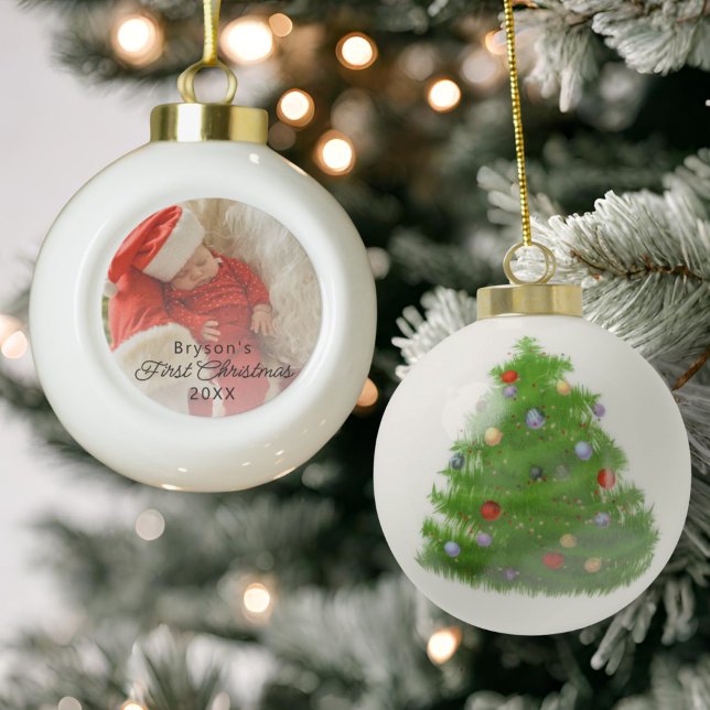 Modern Personalised Baby's First Christmas Photo Ceramic Ball Christmas Ornament (Creator Uploaded)