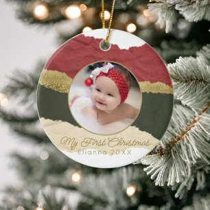 Modern Personalised Baby's First Christmas Photo Ceramic Ornament