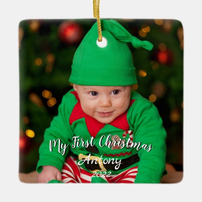Modern Personalised Baby's First Christmas Photo Ceramic Ornament (Front)
