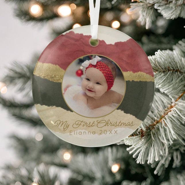 Modern Personalised Baby's First Christmas Photo Glass Tree Decoration (Creator Uploaded)
